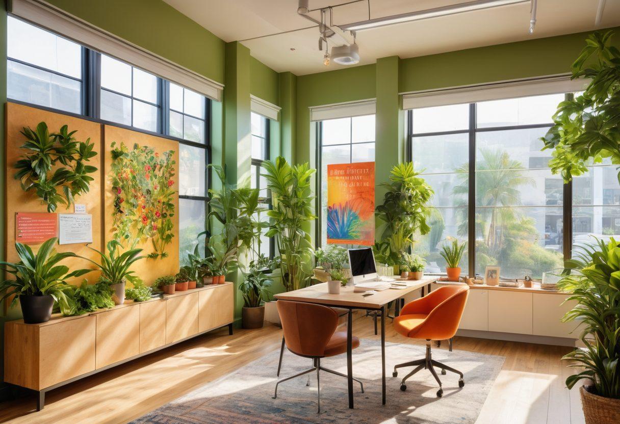 A bright and inviting office space filled with lush green plants, colorful artwork, and cheerful employees exchanging ideas. Sunlight streams through large windows, casting a warm glow, while encouragement boards display motivational quotes. An inspiring atmosphere that fosters collaboration and creativity. super-realistic. vibrant colors. natural lighting.