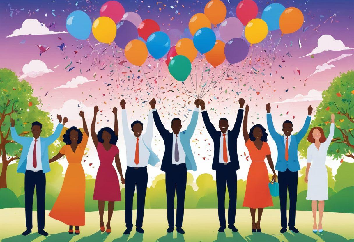 A vibrant and uplifting illustration of a diverse group of professionals celebrating their career achievements under a colorful sky. Include elements like balloons, confetti, and joyful expressions to convey happiness and success. In the background, depict a path leading to a bright future with symbols of growth like trees and flowers. Utilize bright, cheerful colors to evoke positivity and motivation. vector art. vibrant colors. white background.