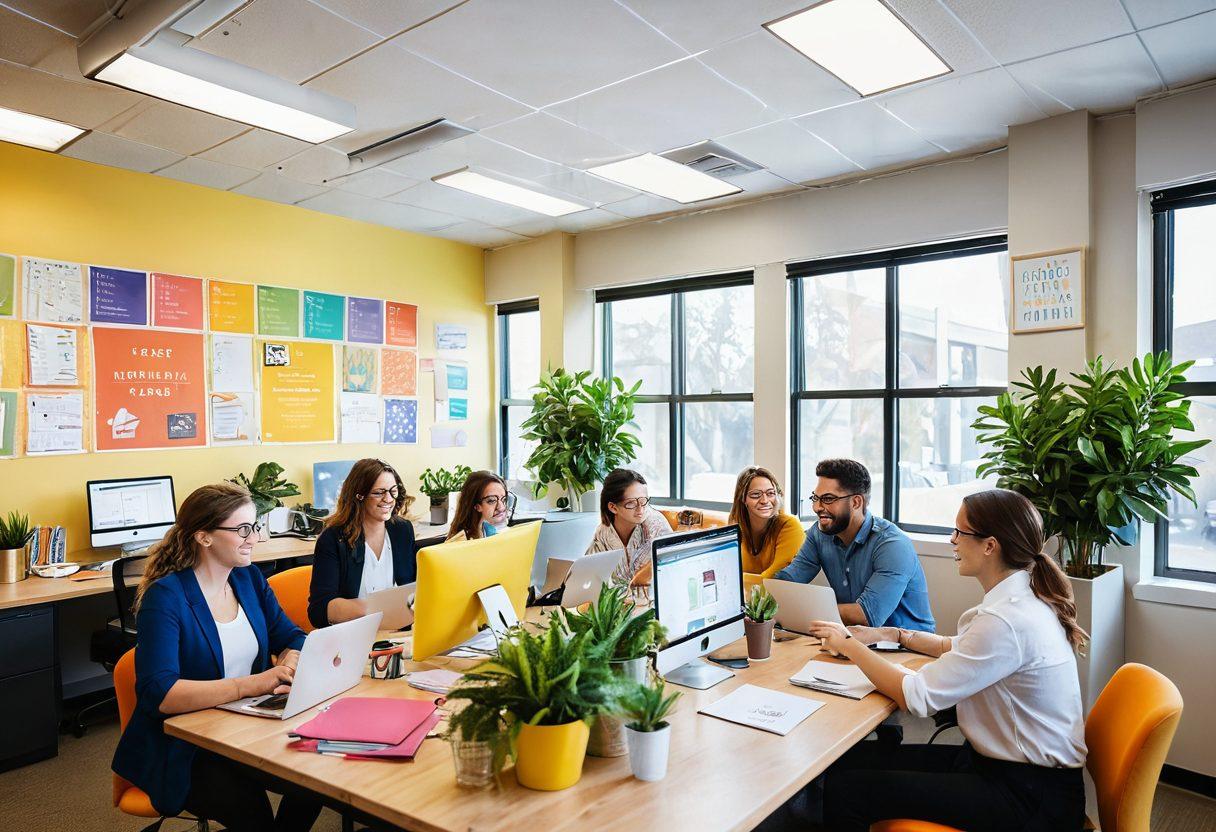 A vibrant office space filled with happy employees collaborating and sharing ideas. Colorful decorations, plants, and motivational posters create a cheerful atmosphere. Diverse individuals of different backgrounds engaged in meaningful conversations, showcasing teamwork and joy. Soft natural light floods the room, emphasizing a sense of warmth and positivity. super-realistic. bright colors. airy composition.